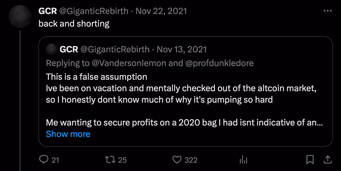 GCR commenting on his previous vacation and short position on the market in November 2021.