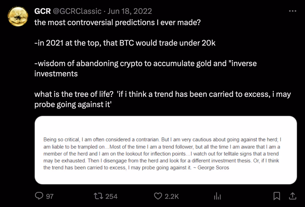 @GCRClassic Tweet showing his contrarian opinions.