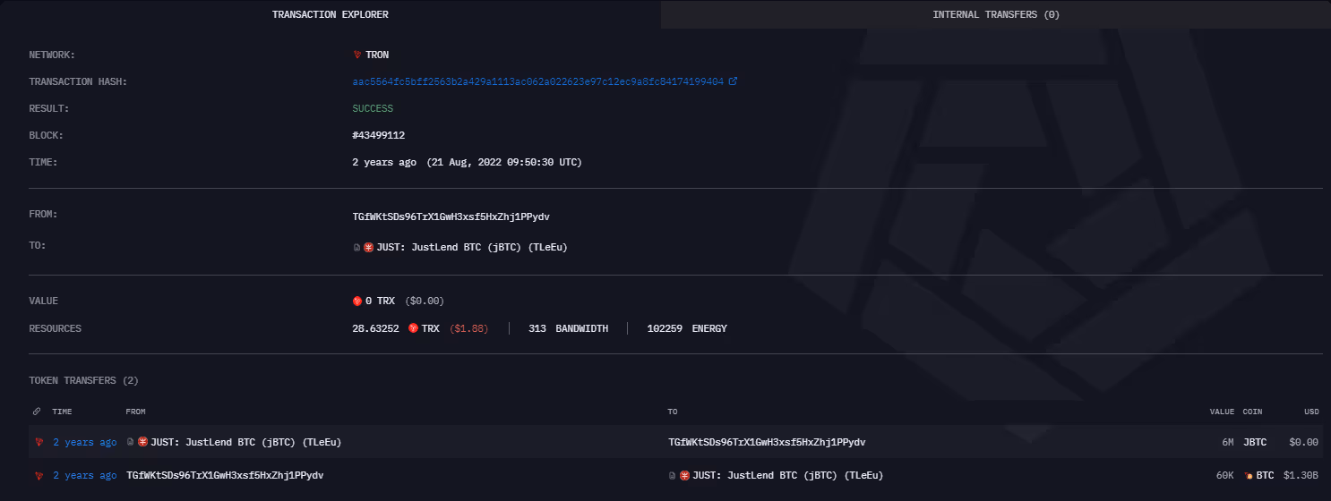 60K BTC Deposit into JustLend on Arkham