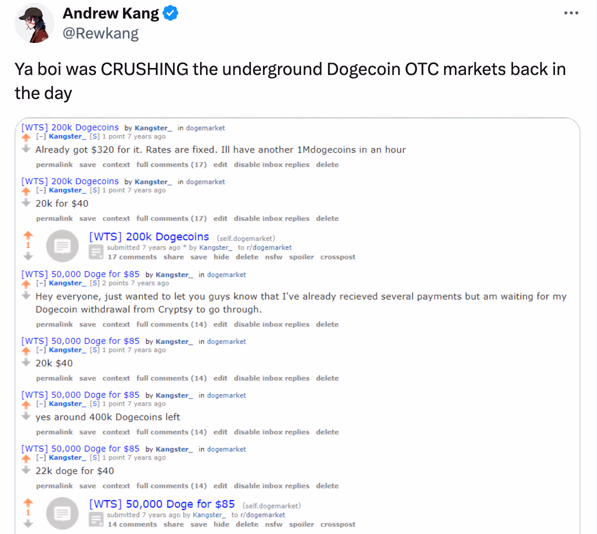 Kang’s post about his history on r/dogemarket