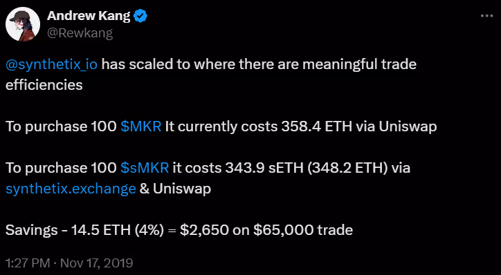 Andrew Kang on savings from trading on Synthetix vs Uniswap