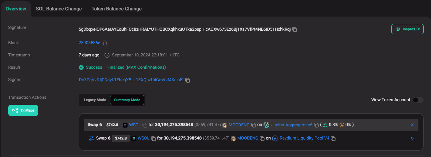 Db3Pq’s original MOO DENG purchase on Raydium