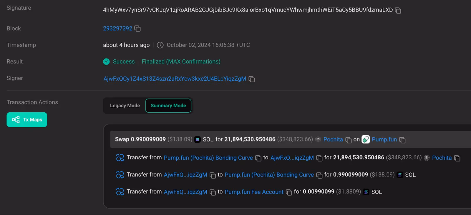 Trader AjwF spent $138 worth of Solana and received 21.9 million Pochita tokens