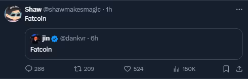 A now deleted tweet of ai16z founder, Shaw, promoting Fatcoin
