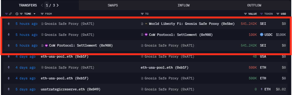Multisig 0xA71’s purchase and transfer of 541K SEI tokens