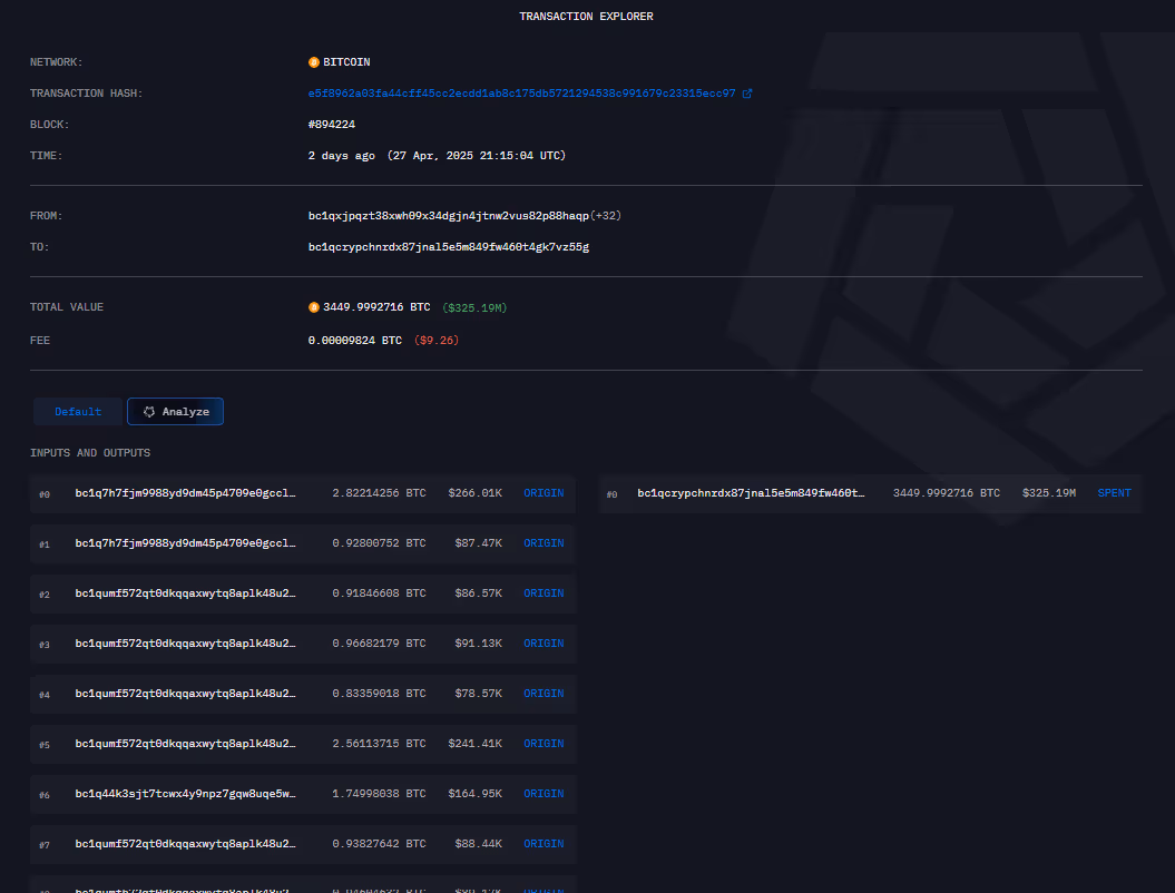 One of two transactions transferring 3,520 BTC to bc1qc