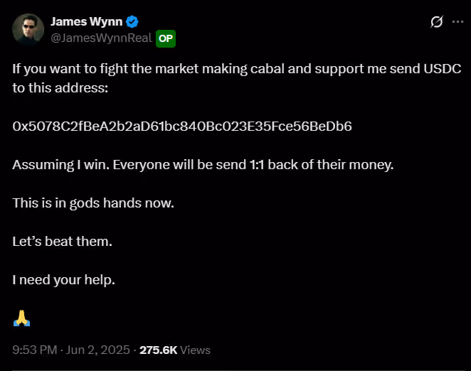 James Wynn begging for donations via his X account in a now deleted tweet