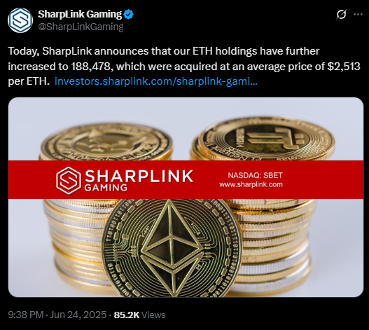 SharpLink Gaming’s announcement of their recent acquisition of ETH
