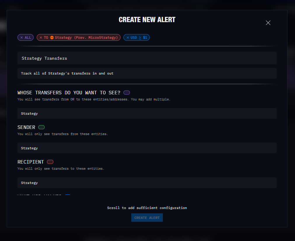 Creating an alert on Arkham Intel platform