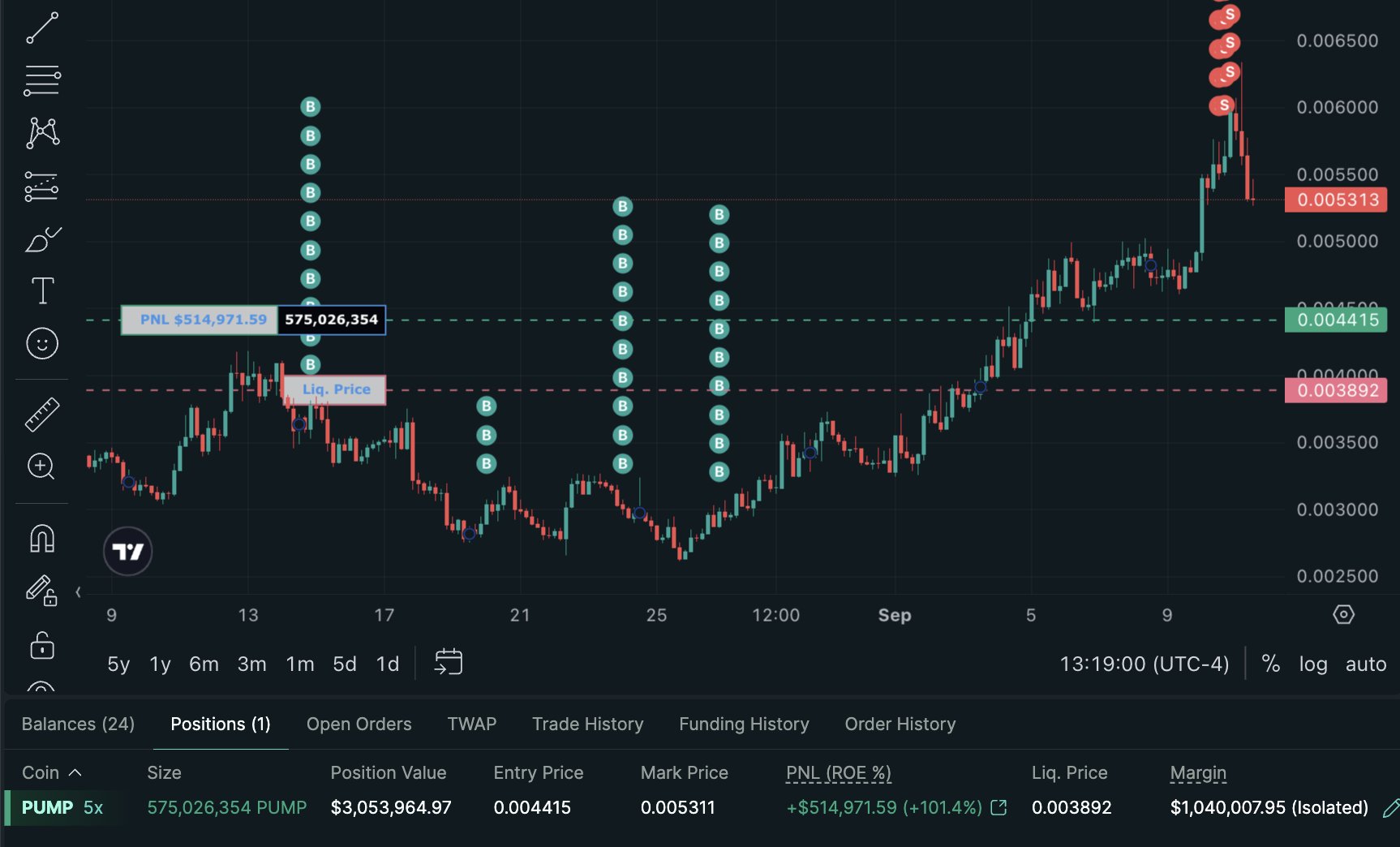 Rowdy Crypto's PUMP positions on Hyperliquid