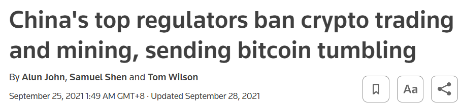 Screenshot of Reuters headline announcing China crypto ban