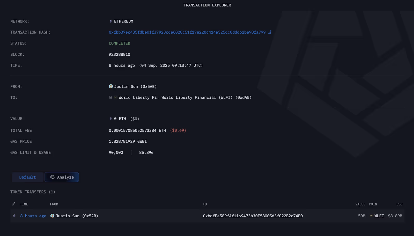 Transaction information between Justin Sun and World Liberty Financial from Arkham Intel platform
