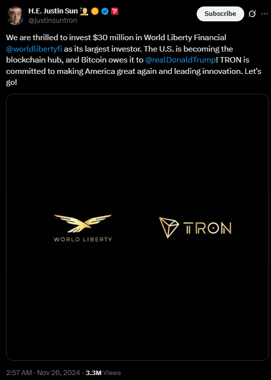 A screenshot of a ost on X by usti Sun regarding World Liberty Financial