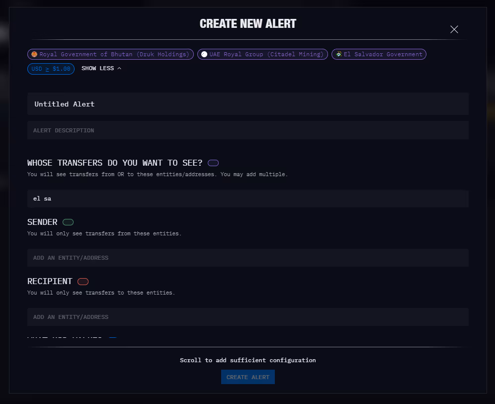 A screenshot showing how to set alerts on Arkham Intel Platform
