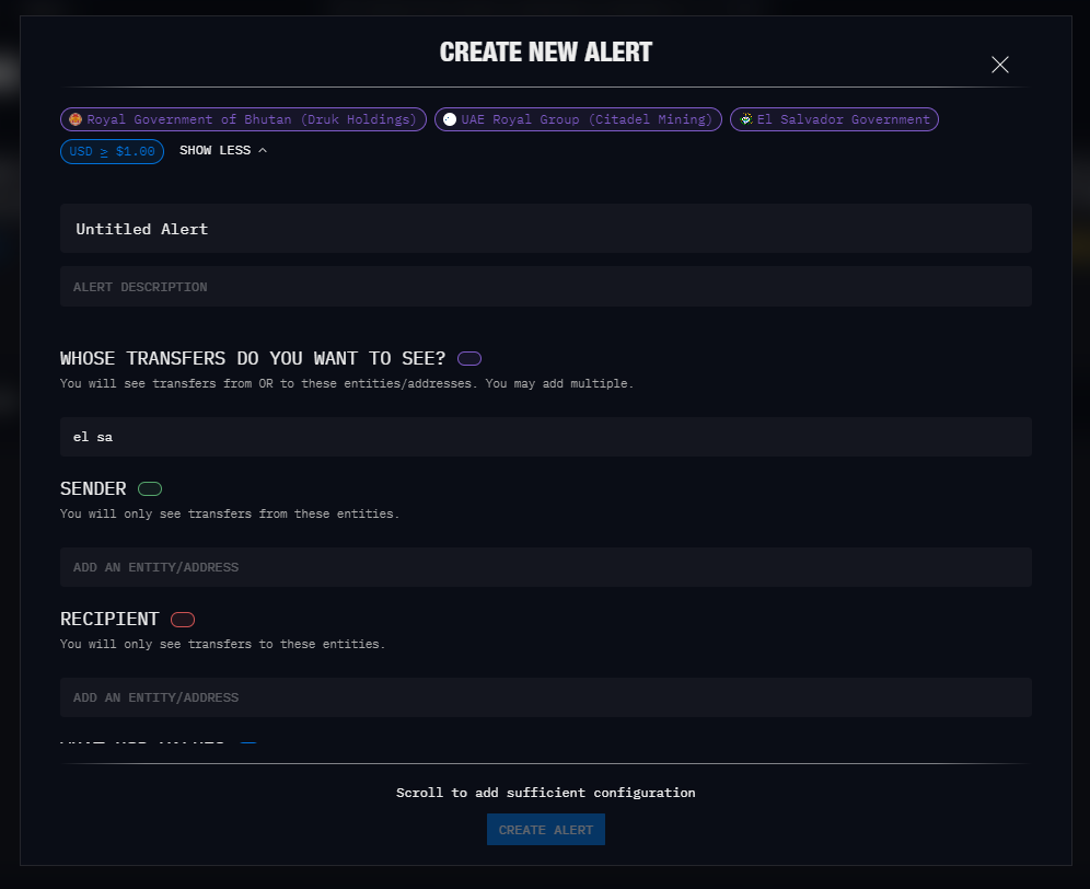 A screenshot showing how to set alerts on Arkham Intel Platform