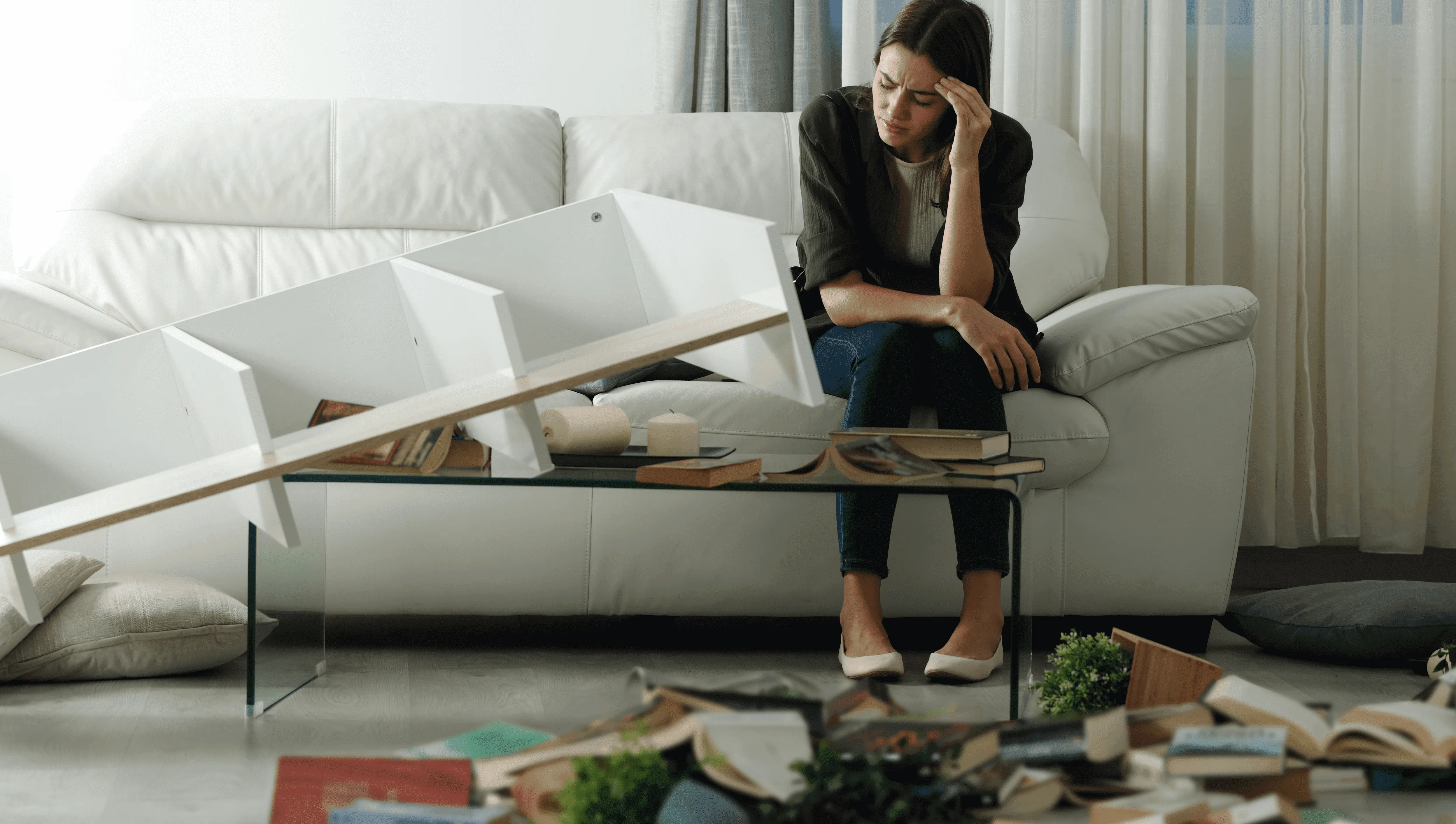 mujer sentada en el comedor recién robado