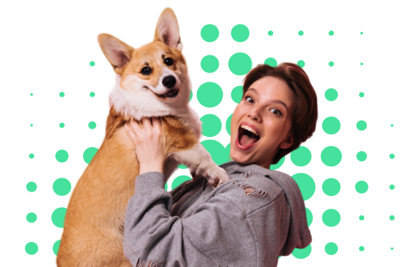 Mujer sonriente sostiene a un perro corgi en brazos, con fondo de círculos verdes.