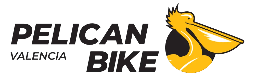 Logotipo de Pelican Bike, con un pelícano amarillo y texto en negro que dice "Pelican Valencia Bike".