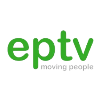 Logotipo de eptv con el texto "moving people" en gris, sobre fondo blanco.