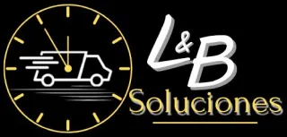 Reloj con manecillas y un camión en movimiento, junto al texto "L&B Soluciones". Fondo negro.
