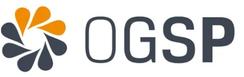 Logotipo de OGSP con un diseño de gotas en tonos naranja y azul, acompañado del texto en gris.