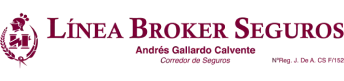 Logotipo de Línea Broker Seguros con texto en color burdeos y detalles gráficos.