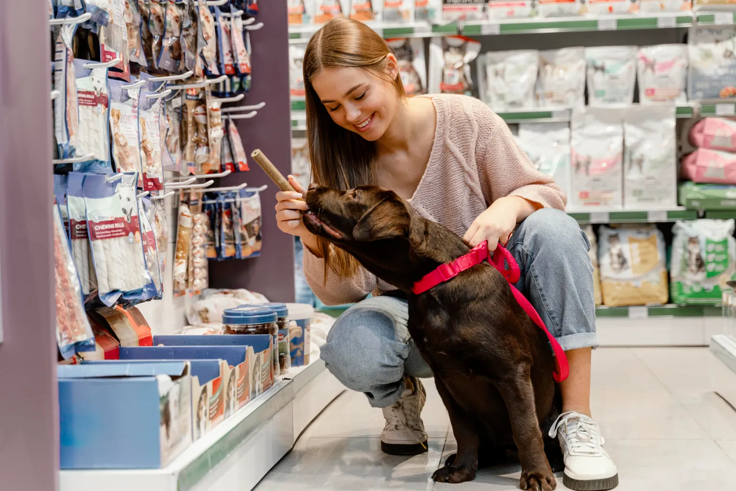 Mujer sonriente acaricia a un perro labrador en una tienda de mascotas, rodeados de productos para animales.