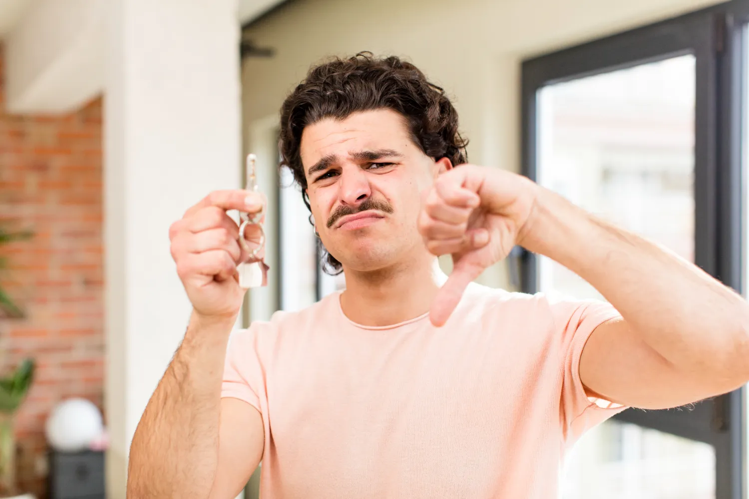 Hombre con bigote muestra una llave y hace un gesto de desaprobación, expresando frustración por haber perdido las llaves.