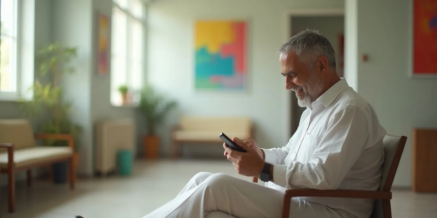 Hombre mayor sonriente sentado en una silla, usando un teléfono móvil en un ambiente luminoso y moderno.