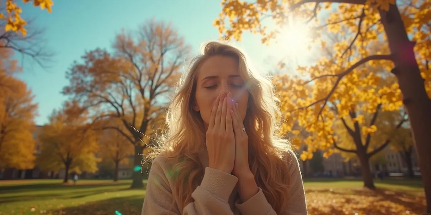 Mujer con cabello rubio y largo, con las manos en la cara, rodeada de árboles con hojas amarillas en un día soleado.