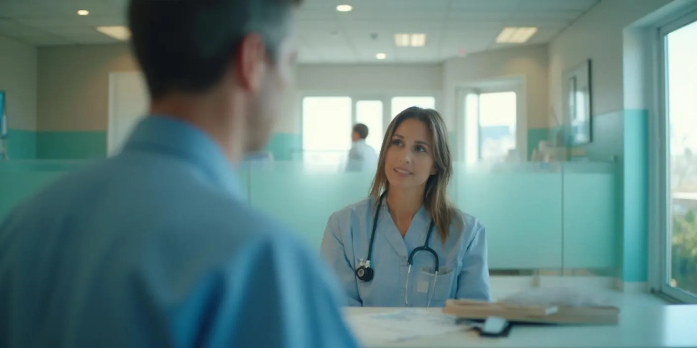 Mujer con estetoscopio sonríe mientras conversa con un hombre en un entorno médico moderno.