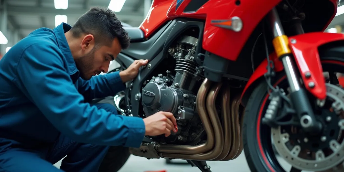 Mecánico revisando el motor de una moto roja en un taller, concentrado en su trabajo.