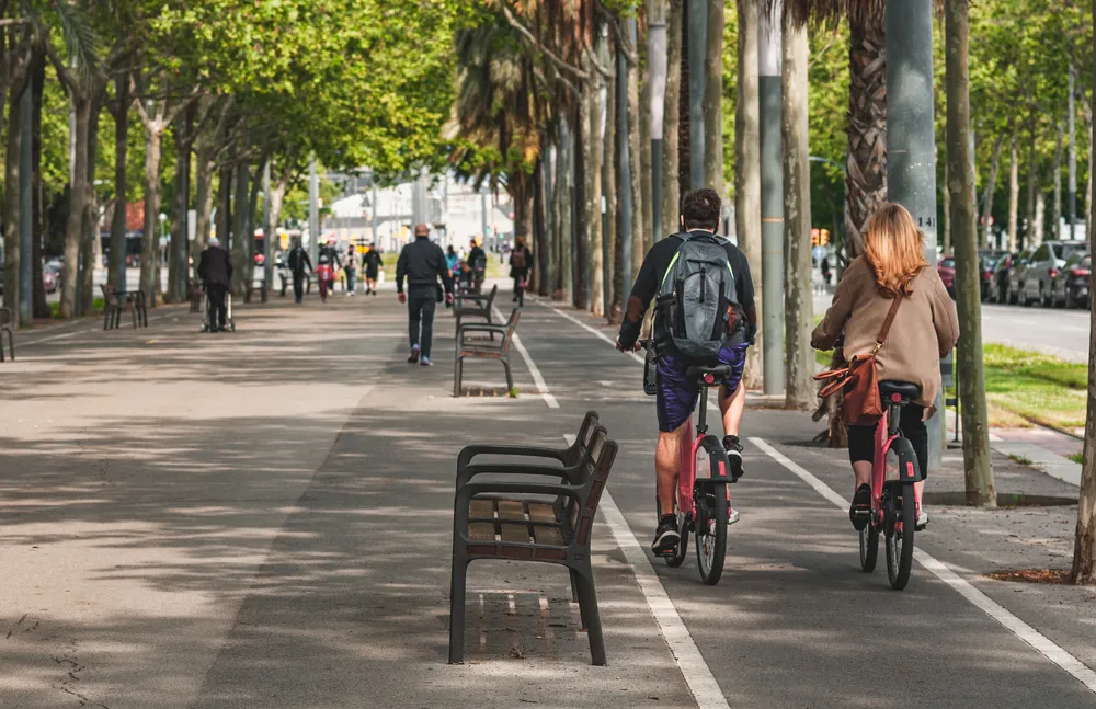 Ciclistas recorriendo un carril bici en un paseo arbolado, con bancos a los lados y peatones caminando.