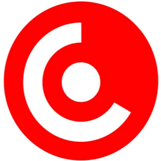 Logotipo circular rojo con un diseño en blanco que incluye un círculo central y una parte curva.