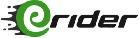 Logotipo con un diseño dinámico, que combina un espiral verde y la palabra "rider" en negro, evocando movimiento y agilidad.