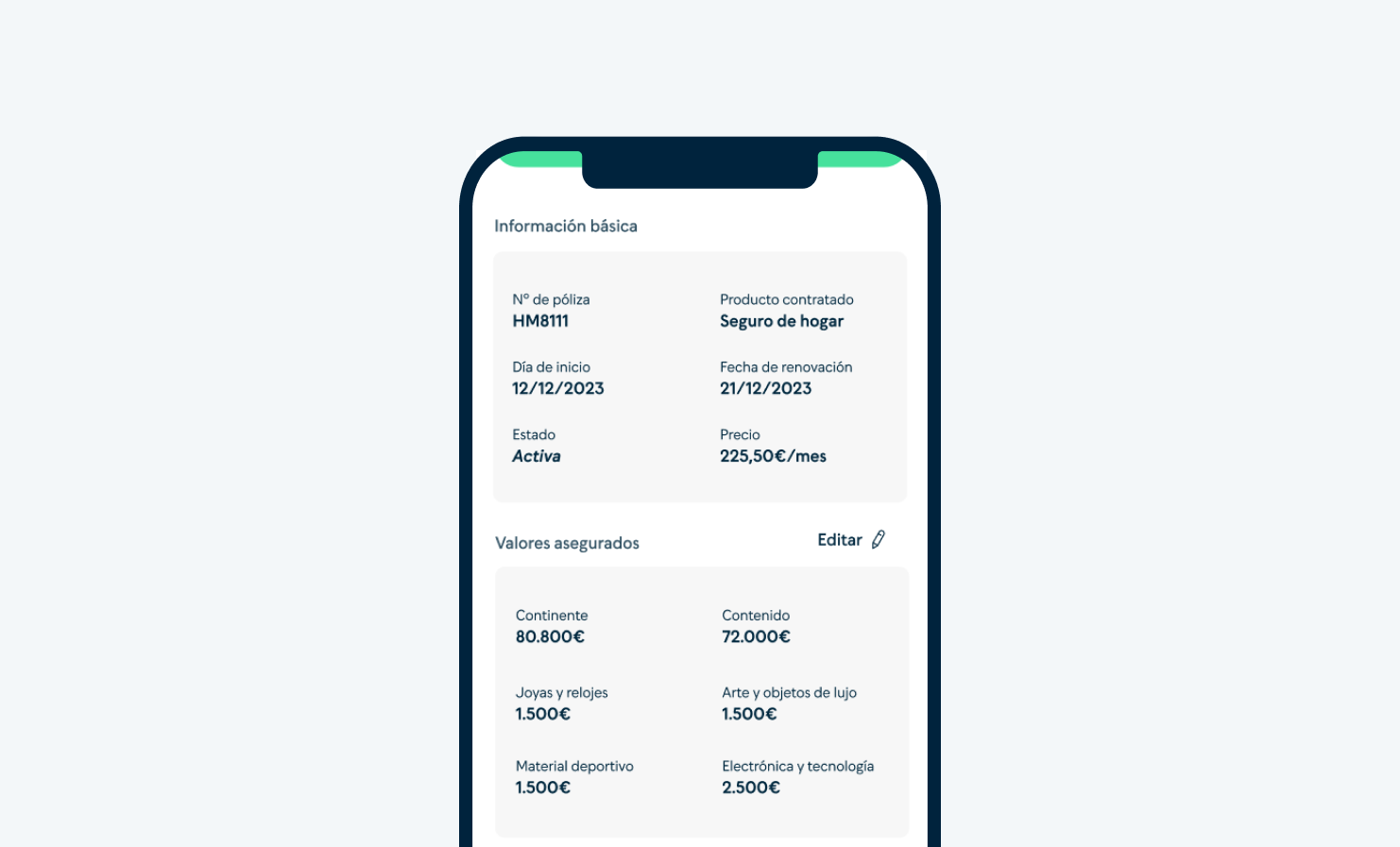 Pantalla de smartphone mostrando información de un seguro de hogar, incluyendo número de póliza, fechas y valores asegurados.