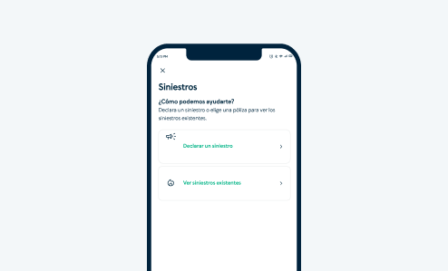 Pantalla de aplicación móvil con opciones para declarar un siniestro o ver siniestros existentes.