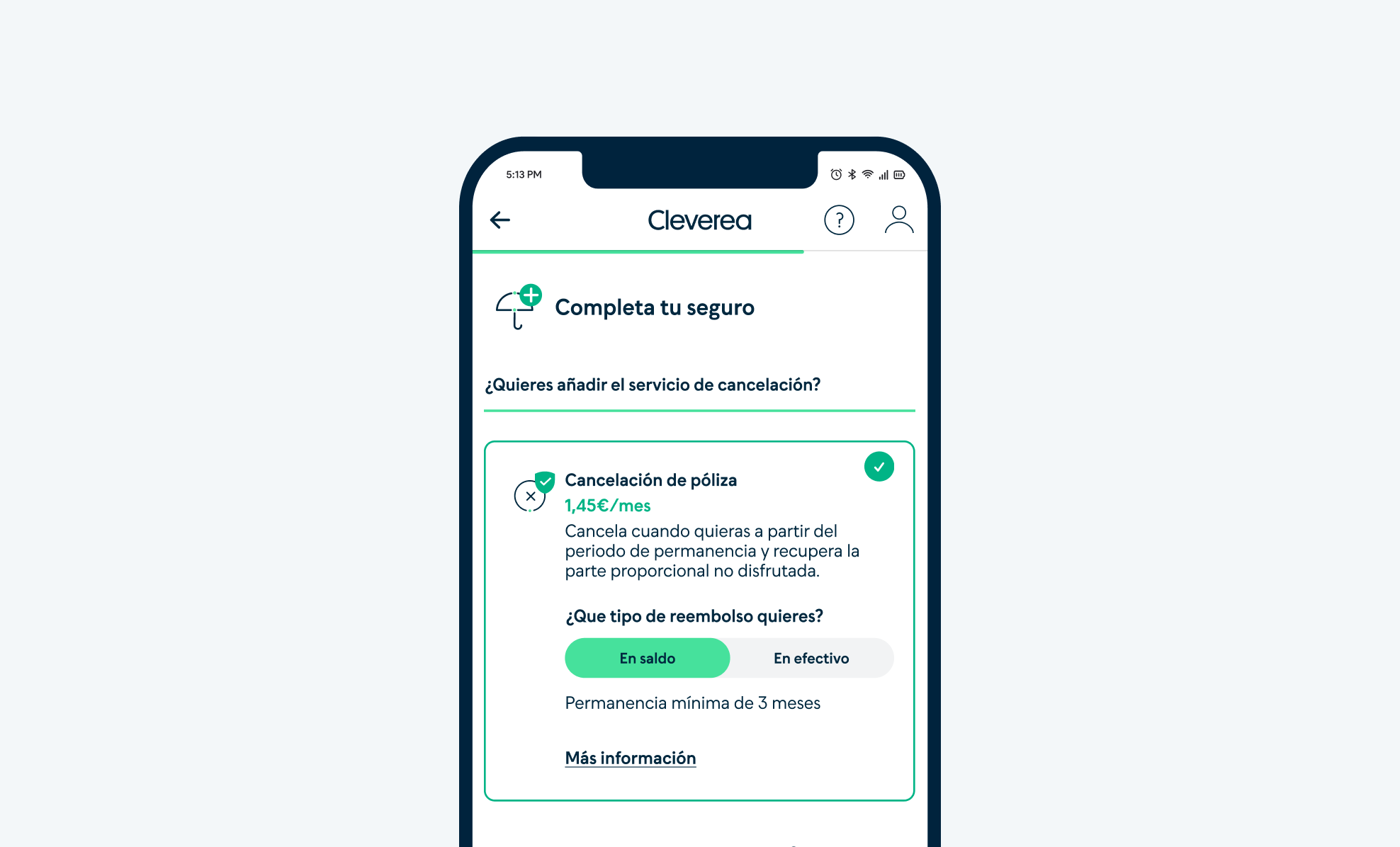 Pantalla de aplicación móvil mostrando opciones para completar un seguro, incluyendo cancelación de póliza y tipos de reembolso.
