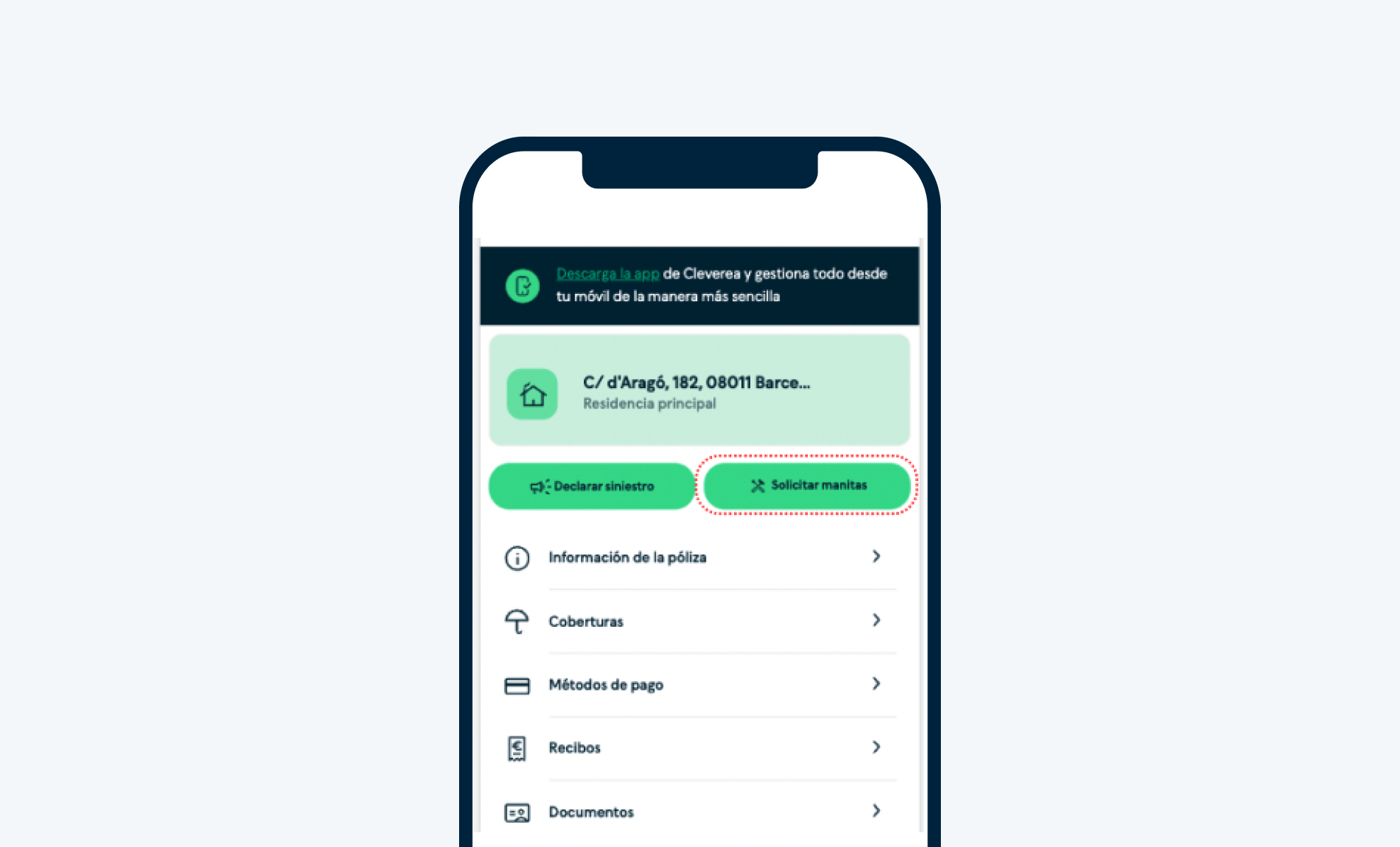 Pantalla de aplicación móvil mostrando opciones como "Solicitar manitas" y "Declarar siniestro" en un menú.