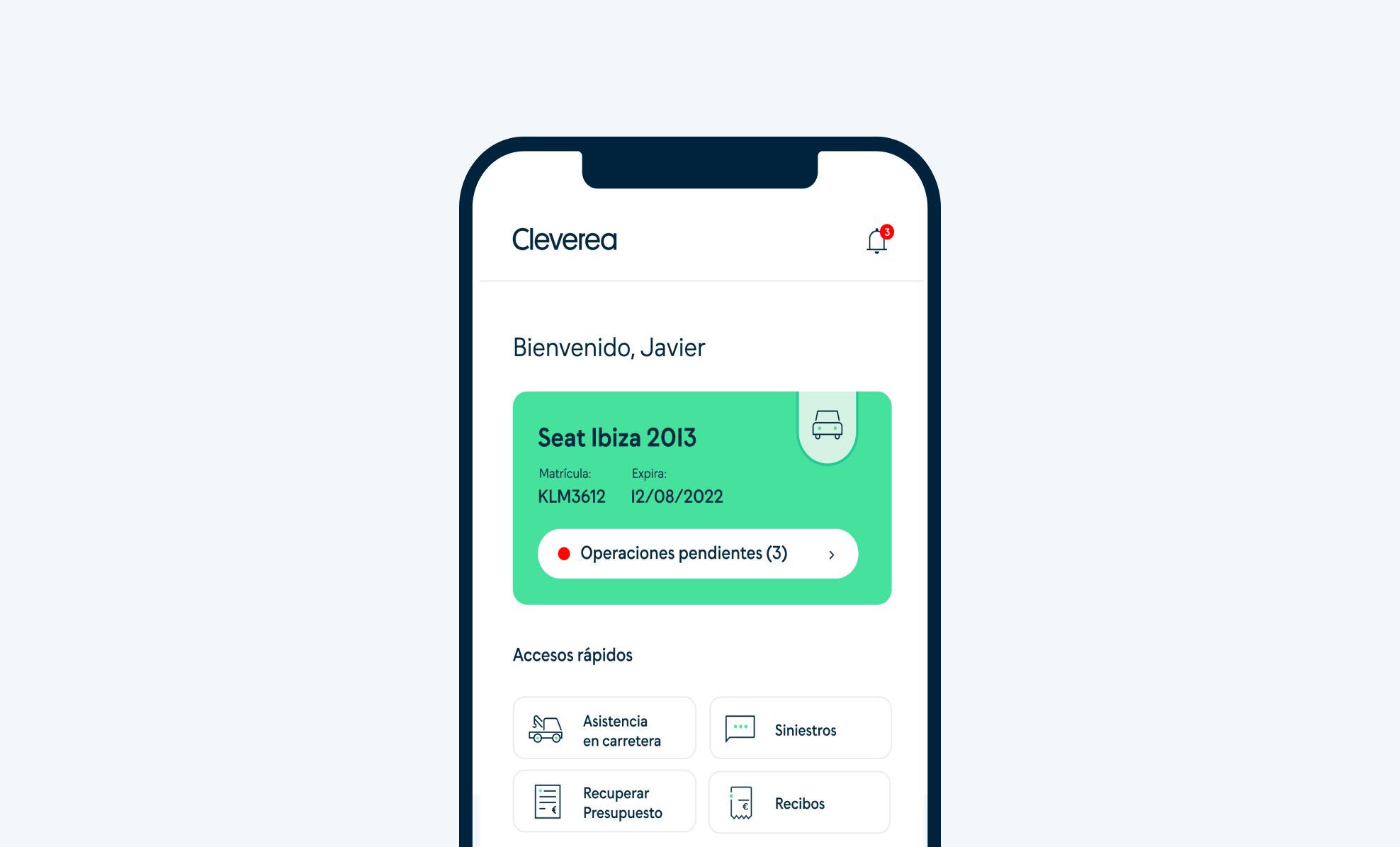 Pantalla de bienvenida en la app, mostrando el vehículo Seat Ibiza 2013, matrícula KLM3612, con operaciones pendientes y accesos rápidos.