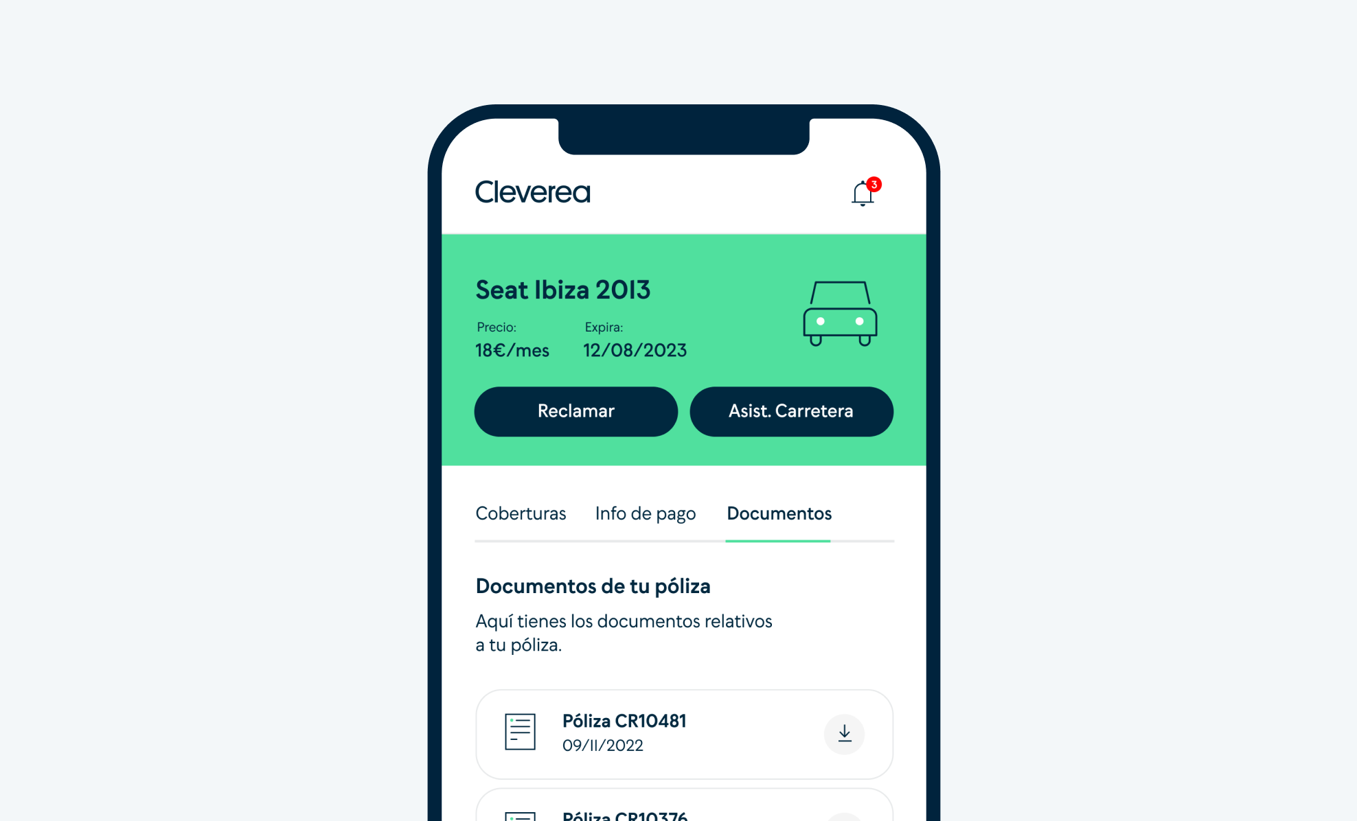 Pantalla de móvil mostrando detalles de una póliza de seguro para un Seat Ibiza 2013, con opciones de reclamación y asistencia.