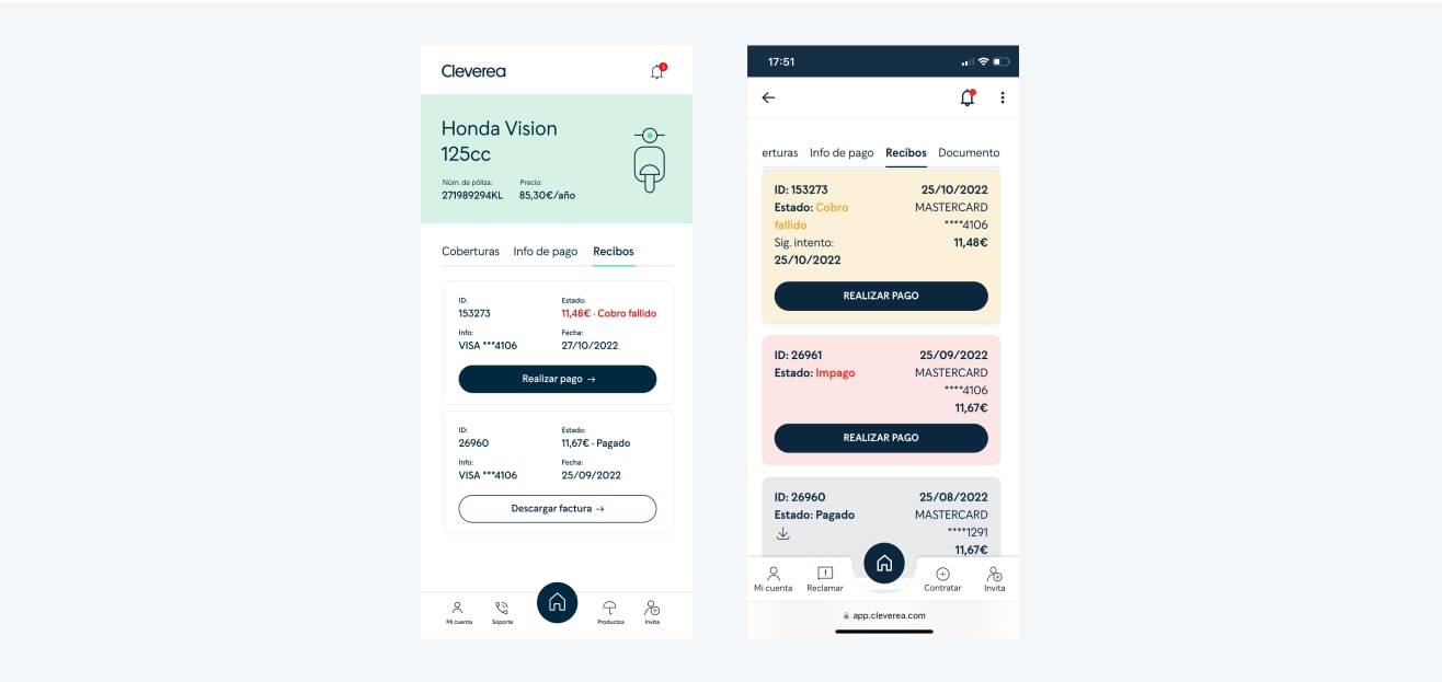 Pantalla de aplicación mostrando detalles de póliza de seguro de moto, incluyendo recibos y estados de pago.