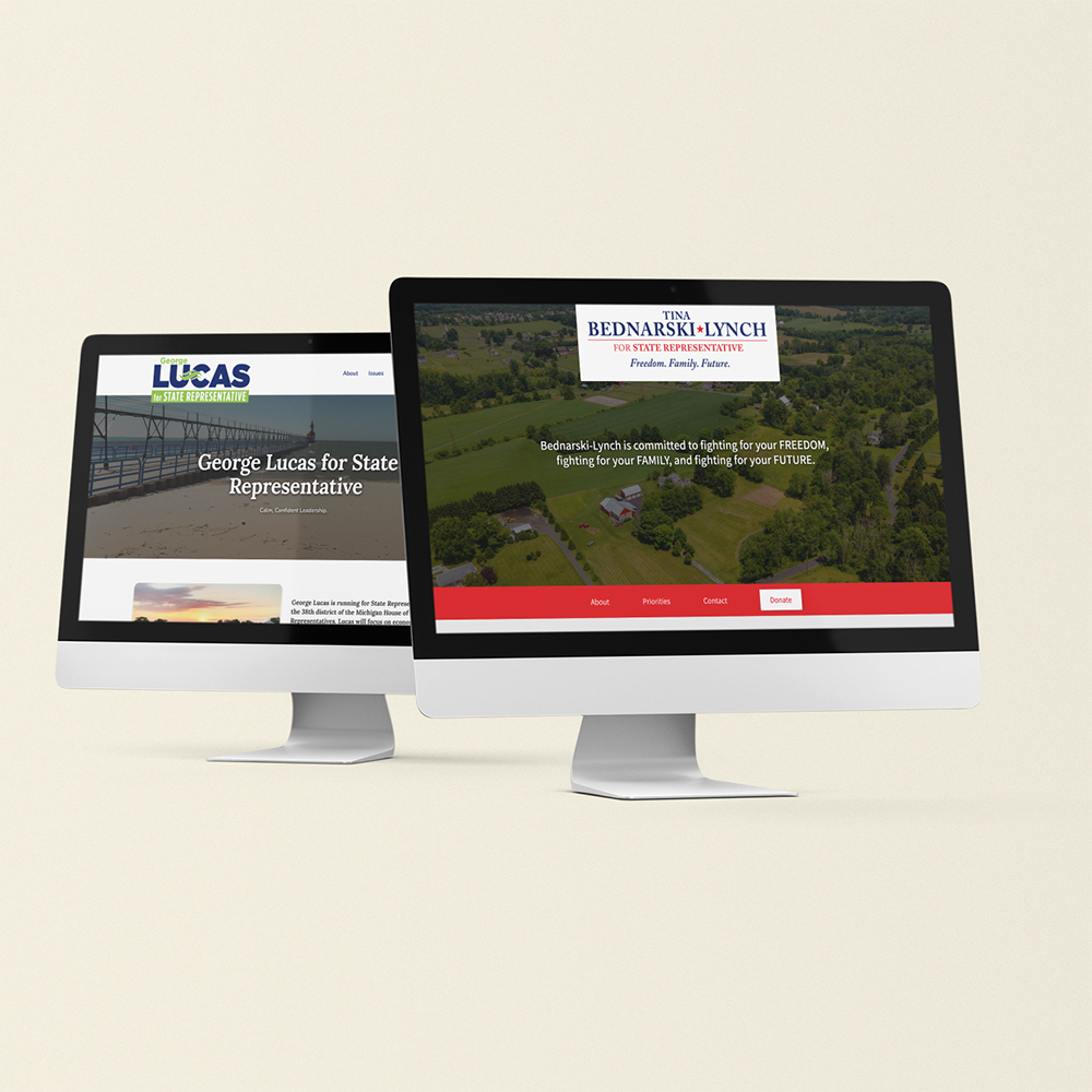 mockup of two political websites on a mac computer

