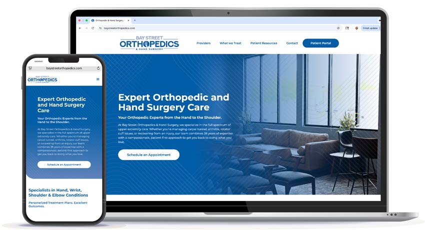 mockup of Bay Street Orthopedics website on a laptop and phone