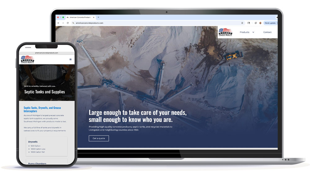 mockup of American Concrete Products' website on laptop and phone