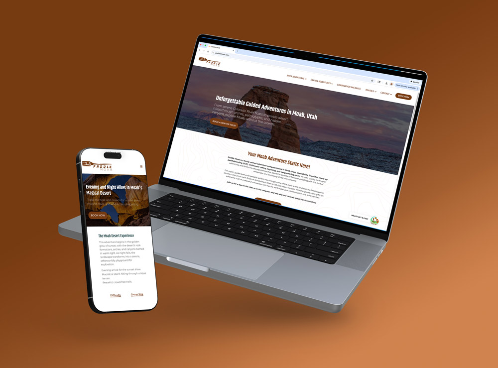 mockup of Paddle Moab's website on a laptop and phone