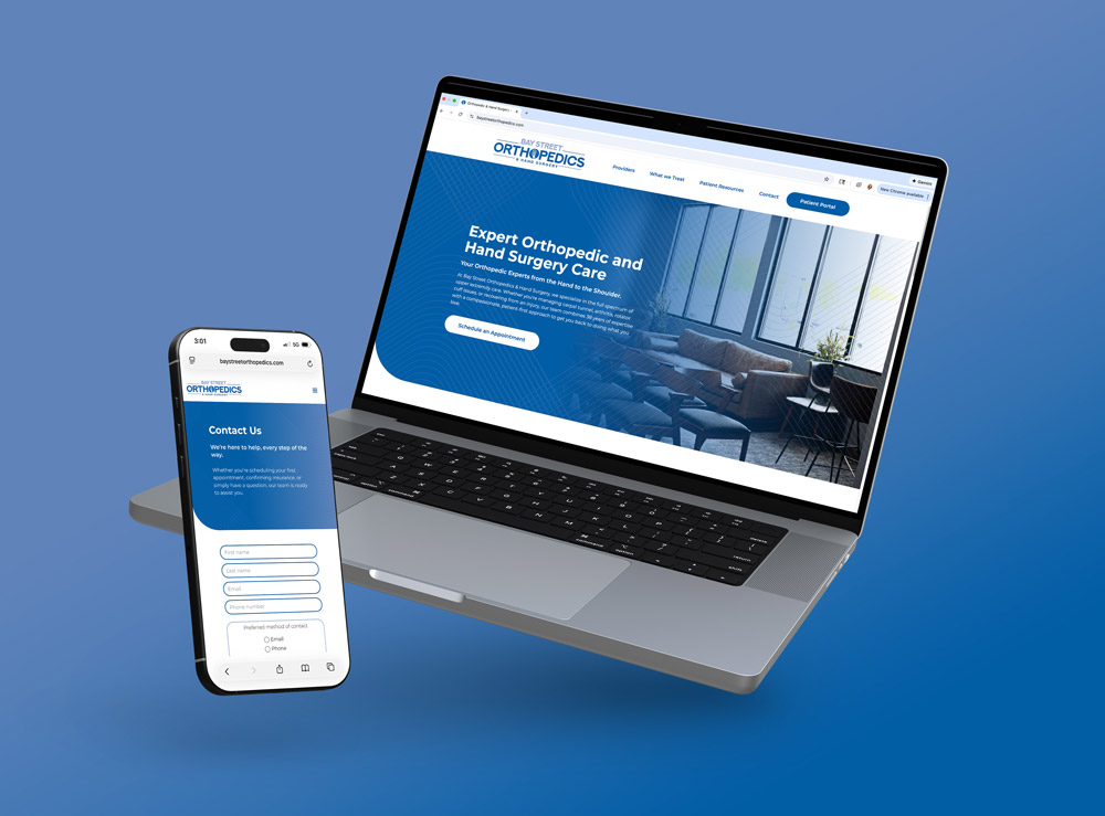 mockup of Bay Street Orthopedics' website on a laptop and phone