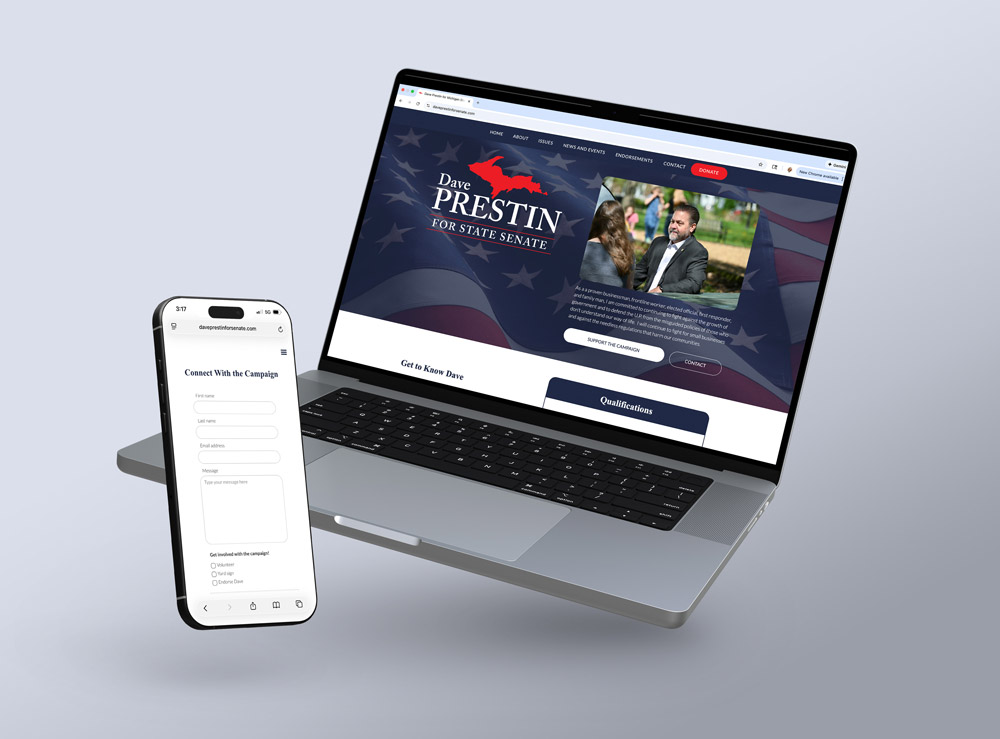 mockup of Dave Prestin for State Senate website on a laptop and phone