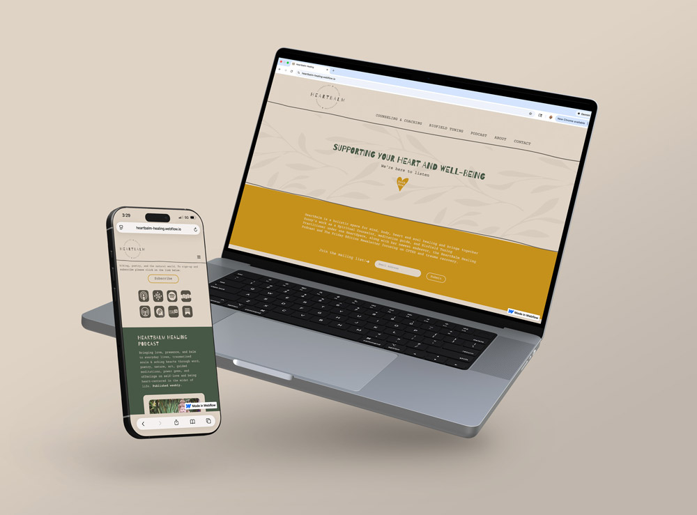 mockup of HeartBalm Healing's website on a laptop and phone
