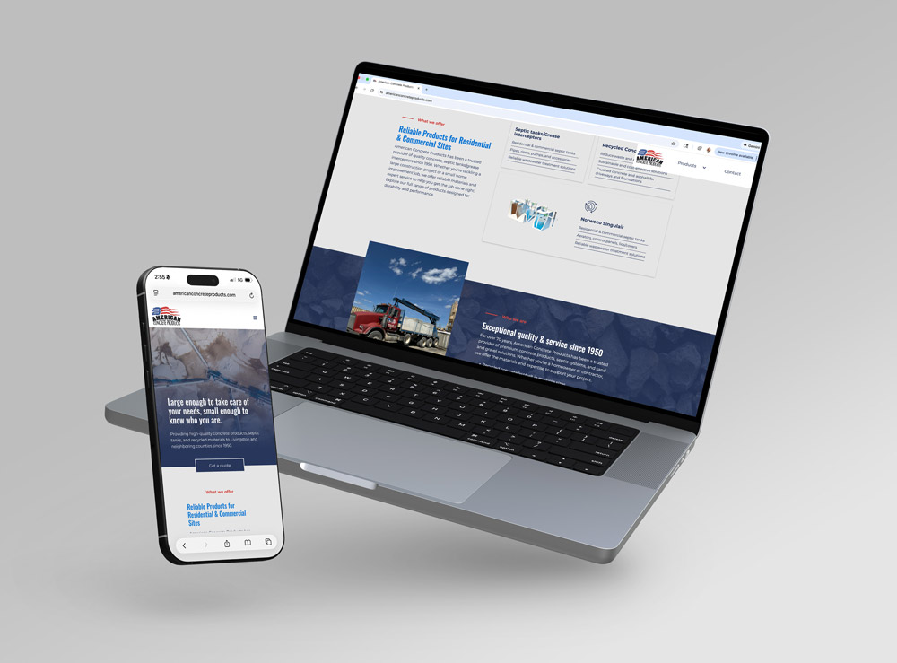 mockup of American Concrete Products' website on a laptop
